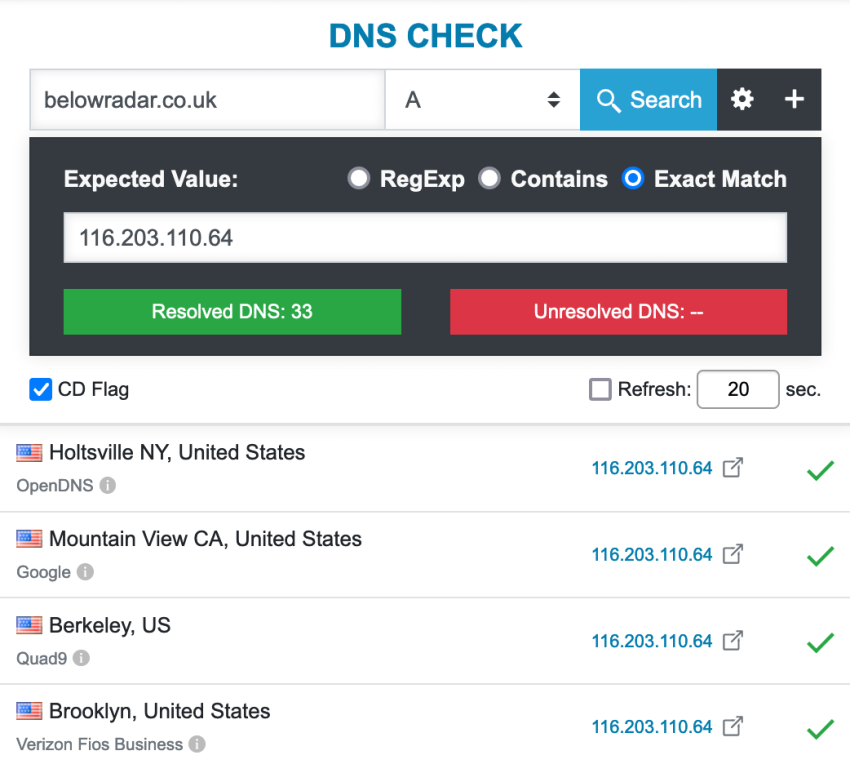 Screenshot of DNS Checker with A record propagation showing completed.